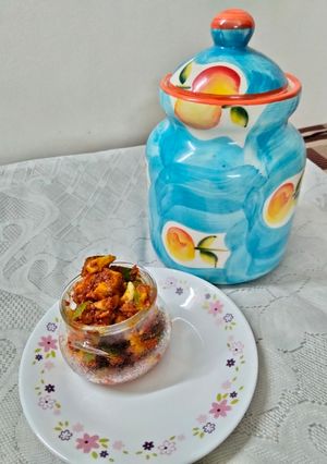 A picture of #mania# Recipe's name-Andhra style Lehsuni Mango Pickle.