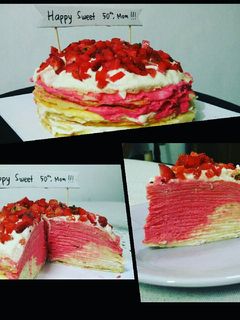 Foto resep Strawberry Mille Crepes (Heart Shaped Inside Failed)