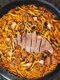 Fideuá de aguja ibérica con setas y foie