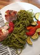 Baked garlic chicken with roasted veg and linguine