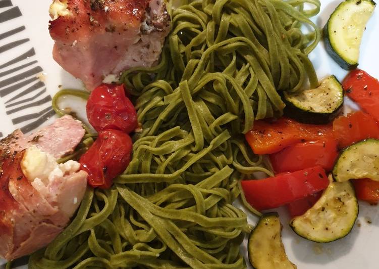 Baked garlic chicken with roasted veg and linguine