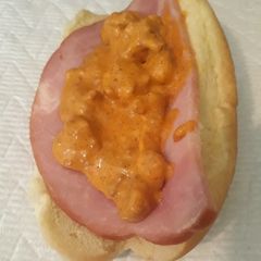 A picture of Ham on a Bun with Heather's Cheese Dip.