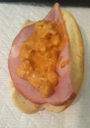 A picture of Ham on a Bun with Heather's Cheese Dip.