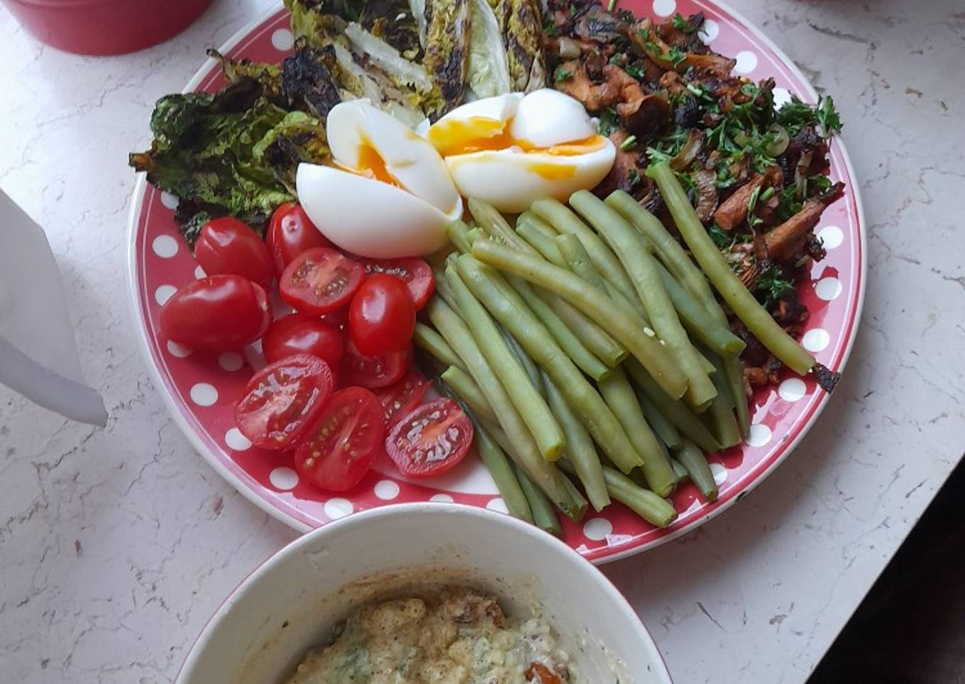 Mixed veg with feta cream and boiled eggs