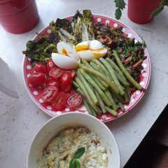 A picture of Mixed veg with feta cream and boiled eggs.