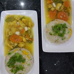 A picture of Chicken chilli with lots of vegies and fried rice for 2.