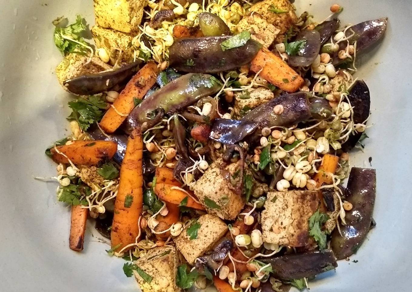 Warm carrot, mangetout and coriander salad