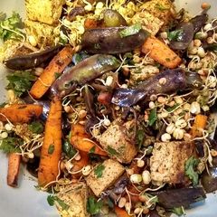 A picture of Warm carrot, mangetout and coriander salad.