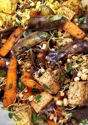A picture of Warm carrot, mangetout and coriander salad.