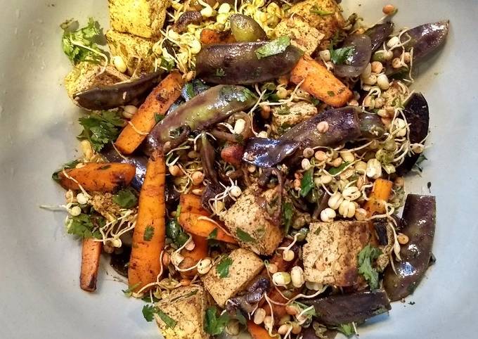 Warm carrot, mangetout and coriander salad