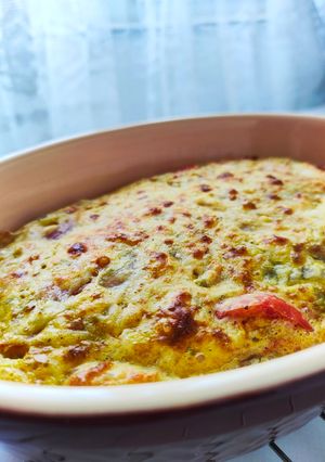 Zdjęcie przepisu Zapiekany wytrawny pancake. Ekspresowe śniadanie!.