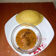 A picture of Meatpie Eba and Ogbono soup.