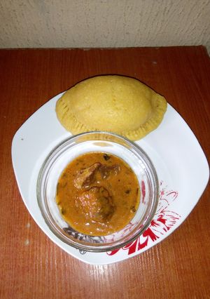 A picture of Meatpie Eba and Ogbono soup.