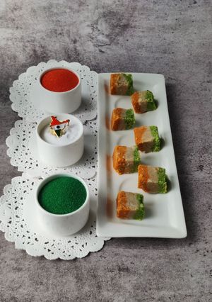 A picture of Tricolour wheat flour burfi.