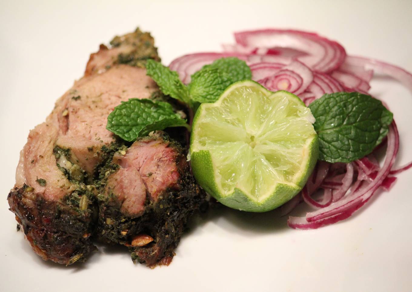 Roasted Leg of lamb with herbs and mushrooms