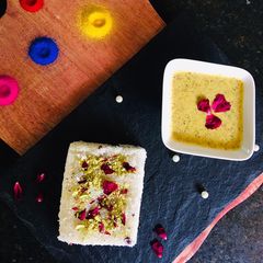 Rose coconut surprise with creamy thandai A picture of Rose coconut surprise with creamy thandai.