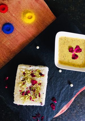 A picture of Rose coconut surprise with creamy thandai.