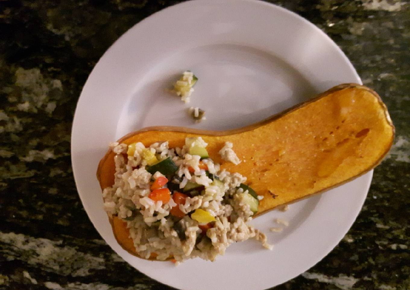 Butternut Squash with Ground Chicken, Vegetables and Rice