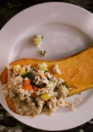 A picture of Butternut Squash with Ground Chicken, Vegetables and Rice.