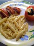 Pollo Caprese con penne Alfredo