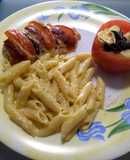 Pollo Caprese con penne Alfredo