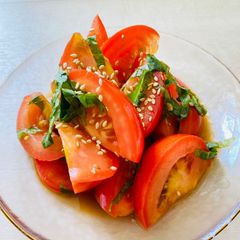 A picture of Chilled Tomato salad with Shiso leaves.