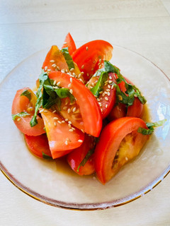 A picture of Chilled Tomato salad with Shiso leaves.