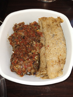 A picture of Peppered fish and pancakes.