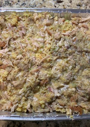 A picture of Cornbread and Chicken Dressing.
