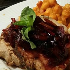 A picture of Brad's herbed pork loin w/ bell pepper marmalade.