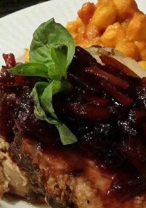 A picture of Brad's herbed pork loin w/ bell pepper marmalade.