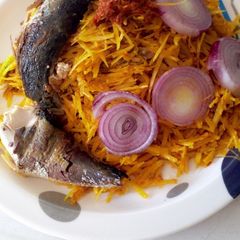 A picture of Abacha and Roasted fish.