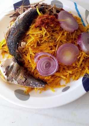A picture of Abacha and Roasted fish.