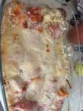 Tejszínes póréhagymás baconbe tekert csirkemell filé,édes burgonyával