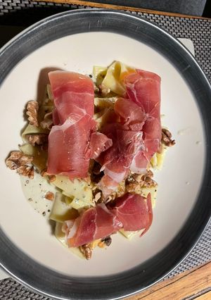 A picture of Blue cheese Pappardelle with toasted Walnut and Serrano ham.