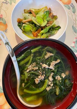 A picture of Chrysanthemum Greens Soup and Stir-Fried Bok Choy with Mushrooms.