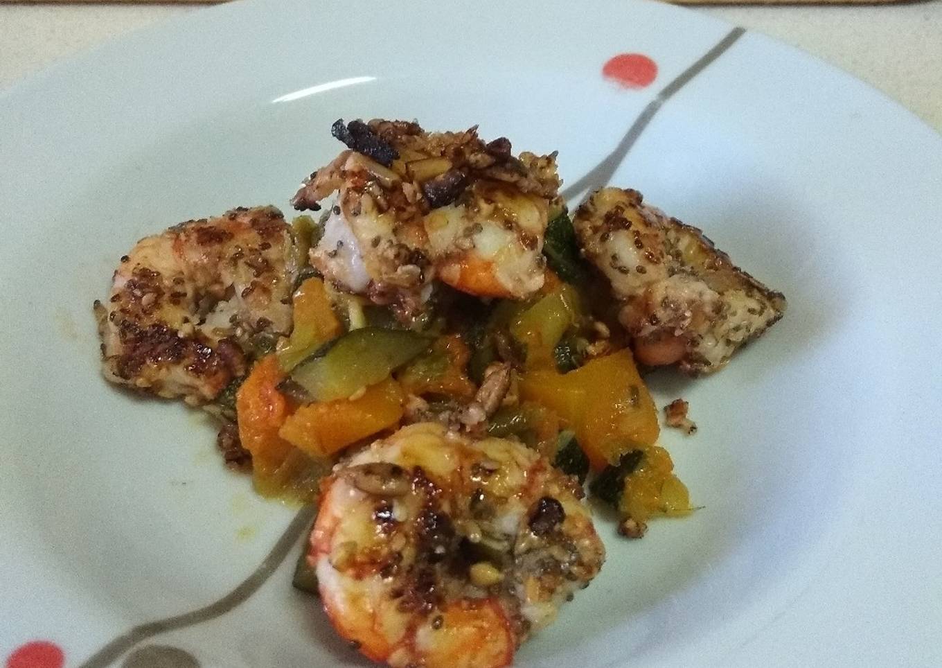 Gambones con semillas al limón y cilantro