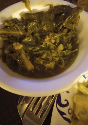 A picture of Kale Greens with Bits of the Bovine.