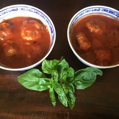 A picture of California Farm Fresh Tomato Meatball Soup.