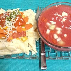 A picture of Summer Special Platter----- Pasta🍝 & Vegetable Casserole served with Watermelon 🍉 Gazpacho.