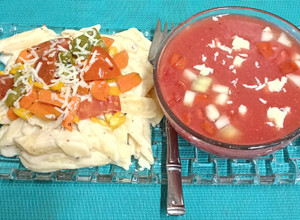 A picture of Summer Special Platter----- Pasta🍝 & Vegetable Casserole served with Watermelon 🍉 Gazpacho.