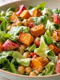 Ensalada de batata y garbanzos con aderezo de yogur