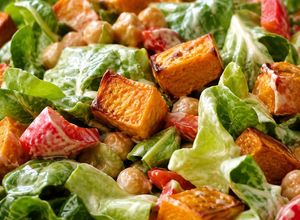 Una foto de Ensalada de batata y garbanzos con aderezo de yogur