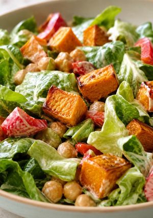 Una foto de Ensalada de batata y garbanzos con aderezo de yogur