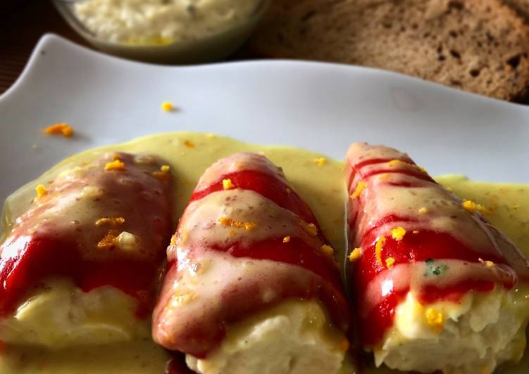 Pimientos rellenos de brandada de bacalao, con salsa curry a la naranja