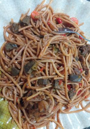 A picture of Brown spaghetti.