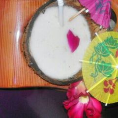 A picture of Gulkandi milkshake with coconut milk.