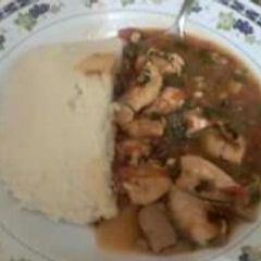 A picture of Stewed Matumbo  and Ugali.