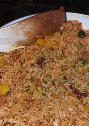 A picture of My pork sausage spicy rice.