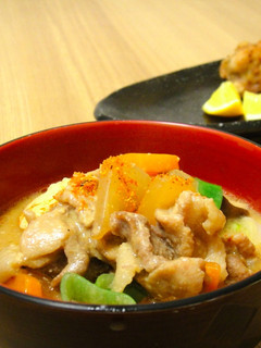 A picture of Tonjiru : A miso based pork soup filled with vegetables.
